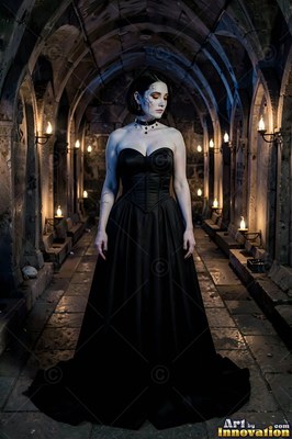 Standing in a stone crypt, a pale woman wears a strapless black gown