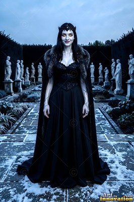 A smiling pale woman in a black gown and fur cape stands in a snowy garden