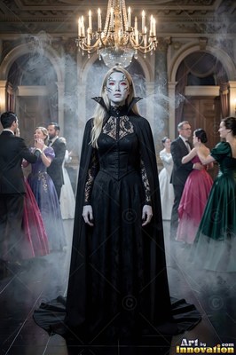 In a smoky ballroom, a pale blonde woman is standing in a long black cape as dancers blur behind her