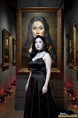 Standing before a portrait, a pale woman in a black satin gown looks forward