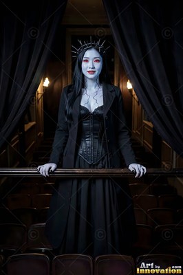 Woman with pale skin in a black corset standing at a theater balcony