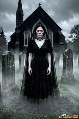 Red eyes stare out as a light-skinned woman dressed in a black mourning gown stands in a foggy graveyard