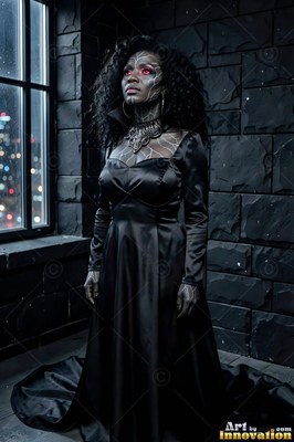 A woman in a black satin gown looks up near a dark window with pale light on her face