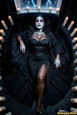 Lying on her back in a black tub, a woman rests surrounded by white candles