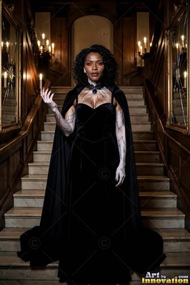 A woman in a black velvet gown stands on a dark staircase with candlelight behind her
