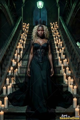 On a staircase lined with white candles, a woman stands in a black gown and crown