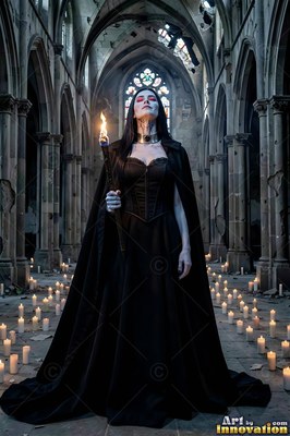 Holding a torch, a pale woman in a black gown stands in a ruined church surrounded by candles