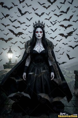 Fair woman wearing a black gown and crown standing outdoors surrounded by bats