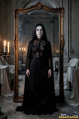 Wearing a black lace gown, a standing woman before a tall gold mirror in a candlelit room