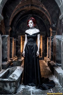 A light-skinned woman in a black satin dress stands in a stone crypt before warm firelight