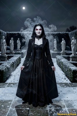 A pale smiling woman in a long black coat stands in a snowy garden at night