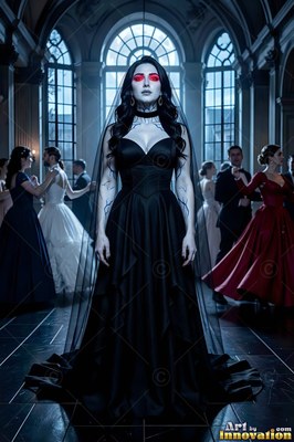 A woman with red eyes stands in a black gown as couples dance behind her