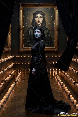In a dark candlelit room, a woman in a black dress stands by a portrait