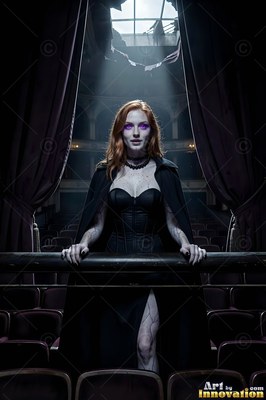Standing at a theater balcony, a red-haired woman dressed in a black cape looks down under a spotlight