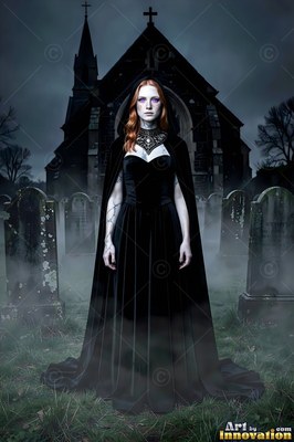 Woman with pale skin in a black velvet dress in a misty graveyard
