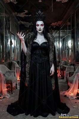 A pale vampire woman raises her clawed hand, her eyes shining bright red