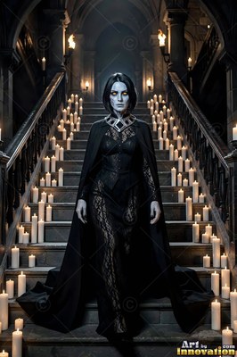Walking down dark stone stairs lined with candles, a pale woman clad in a black cape and lace dress