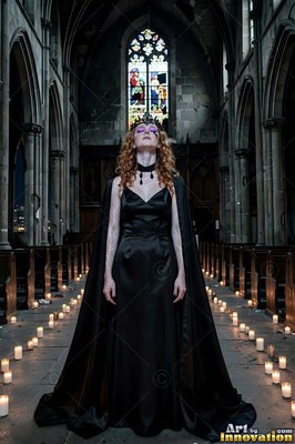 A woman in a black gown and cape stands in a dark church aisle lined with candles