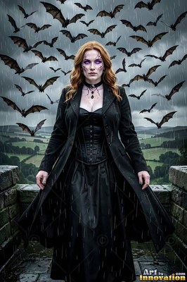 On a stone balcony in the rain, a woman with pale skin in black stands under flying bats