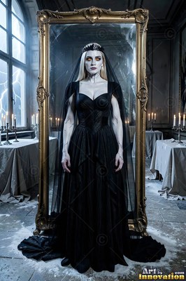 Standing before a tall mirror, a light-skinned woman wears a black gown and veil
