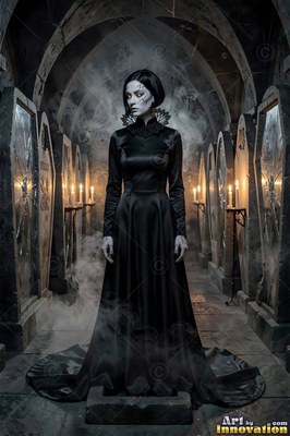 Pale-skinned woman clad in a black silk gown stands in a smoky crypt