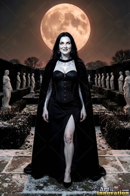 Smiling woman clad in a black corset and cape walks through a snowy statue garden under a full moon