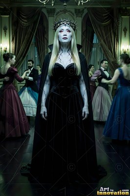 A light-skinned woman in a spiked crown stands before dancers under dim ballroom light