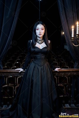 Standing by a wooden balcony railing, a pale woman wears a full black gown