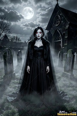 A pale woman in a long black gown stands in a foggy cemetery under the full moon