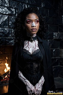 By a stone fireplace, a woman wearing a black cape stands with dark veins on pale skin