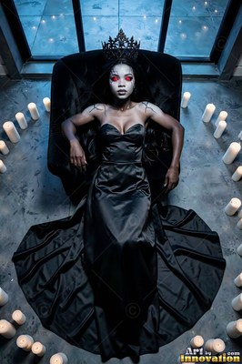 Reclining in a black chair, a woman in a dark satin dress wears a crown encircled by candles