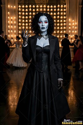 Light-skinned woman in black suit and corset before candle wall