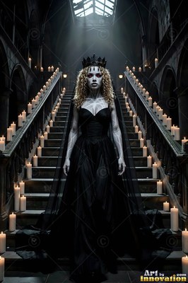 A crowned woman in a black gown stands on a dark stone staircase lined with candles
