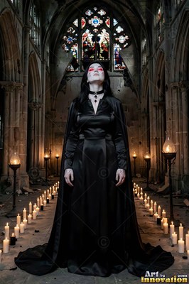 A pale standing woman in a ruined church, illuminated by warm candlelight