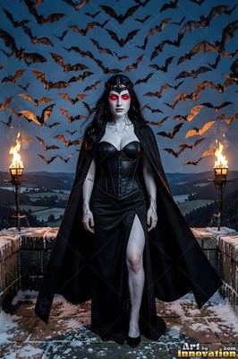 Standing on a stone balcony, a pale woman in a black cape watches bats fill the night sky