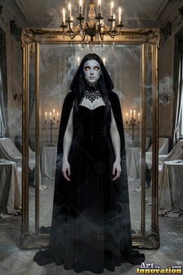A light-skinned woman in a hooded black gown stands as she stands before a tall gold mirror in a dim room