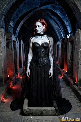 In a stone crypt, a fair woman in a black corset dress stands very still