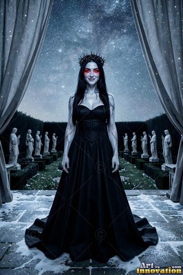 Smiling under a starry sky, a pale woman wearing a black gown stands on a terrace