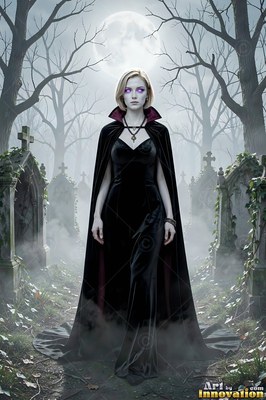 A woman in a black velvet dress stands in a foggy graveyard