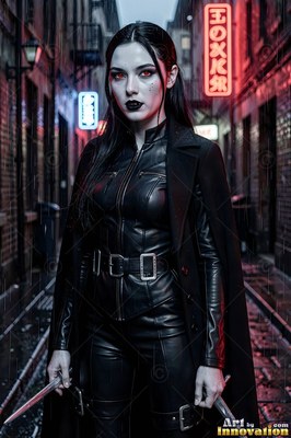A pale woman in a black leather suit and coat holds daggers in a wet city alley under red neon lights