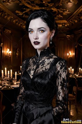 A fair woman clad in a black lace gown stands by candlelight, her eyes amber yellow