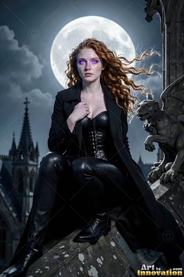 Crouching on a cathedral roof, a red-haired woman wears black leather under the moon