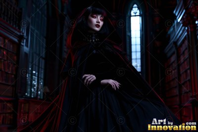 A pale-skinned woman in a hooded black gown stands in a dark library by a window