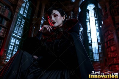 In a dark library, a pale vampire woman sits in a hooded black cloak