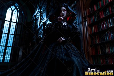 Sitting in a dark library, a pale woman wears a hooded black gown with red lining