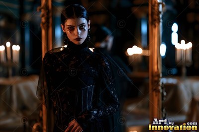 Dark eye makeup frames a woman wearing a black lace dress between tall mirrors