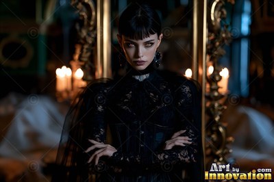A dark-haired woman crosses her arms before a mirror under warm candlelight