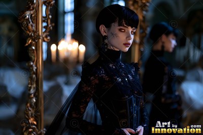 Turned sideways, a light-skinned woman dressed in a black lace corset stands by a gold mirror