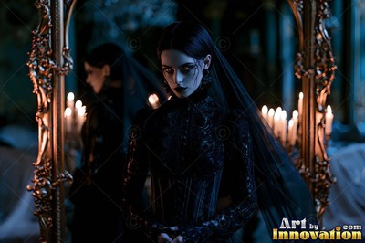 A pale vampire woman clad in a black lace dress stands by a mirror in candlelight