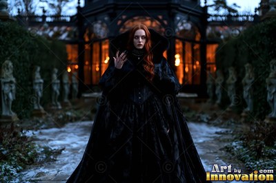 A red-haired woman in a heavy black cloak raises her hand before orange window light